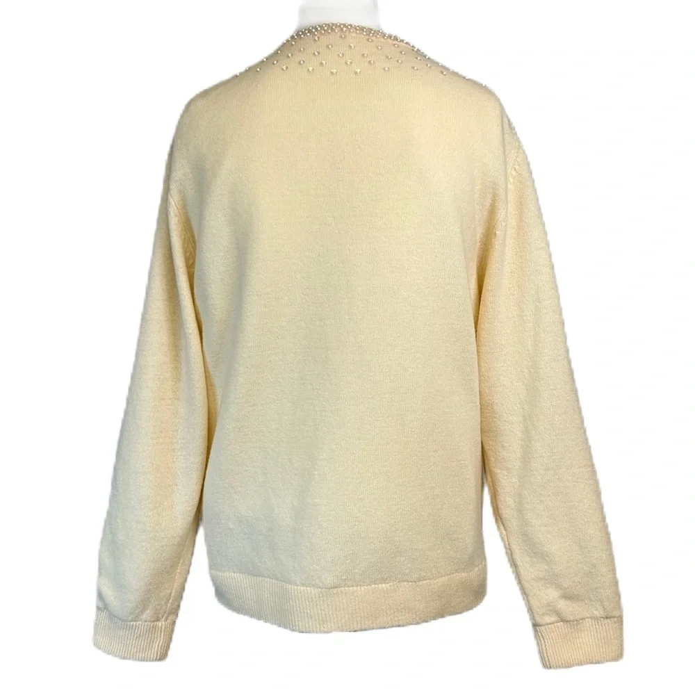 Vintage Wool Blend Cardigan Sweater Sequins Bead Embellished Ivory Grandmother - Picture 2 of 14